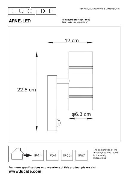 Lucide ARNE-LED IR - Wandspot / Wandlamp Binnen/Buiten - Ø 6,3 cm - LED - GU10 - 2x5W 2700K - IP44 - Bewegingssensor - Mat chroom - technisch